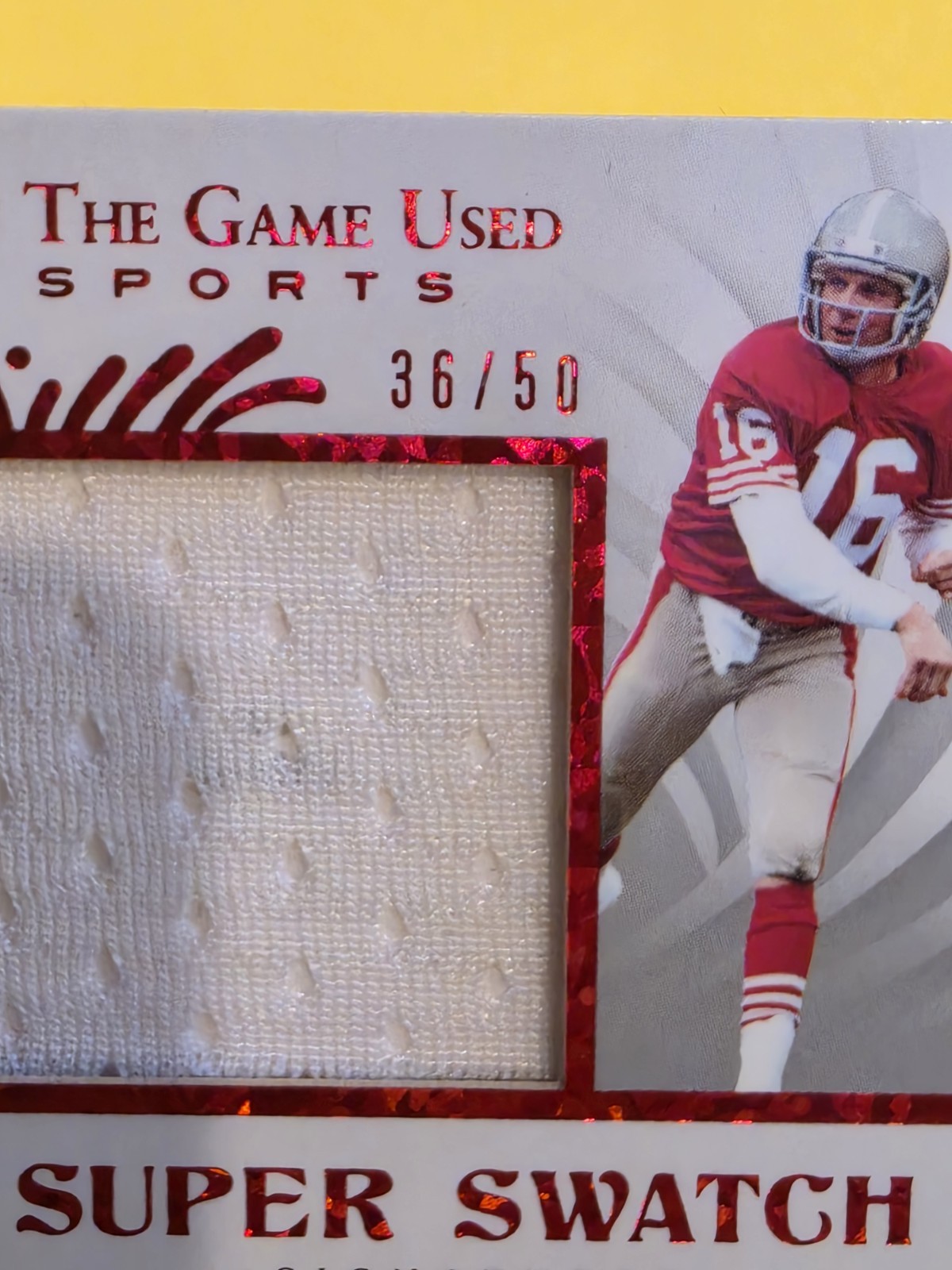 2022 LEAF IN THE GAME USED SPORTS JOE MONTANA SUPER SWATCH 36/50 AUTO #SSS JM1 view 2