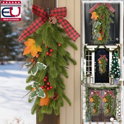 26'' Prelit Christmas Teardrop Swag Wreath w/ LED Lights Hanging Xmas Home Decor