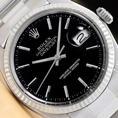 ROLEX DATEJUST 1601 18K OR BLANC CADRAN NOIR MONTRE ACIER OYSTER - Photo 1/4