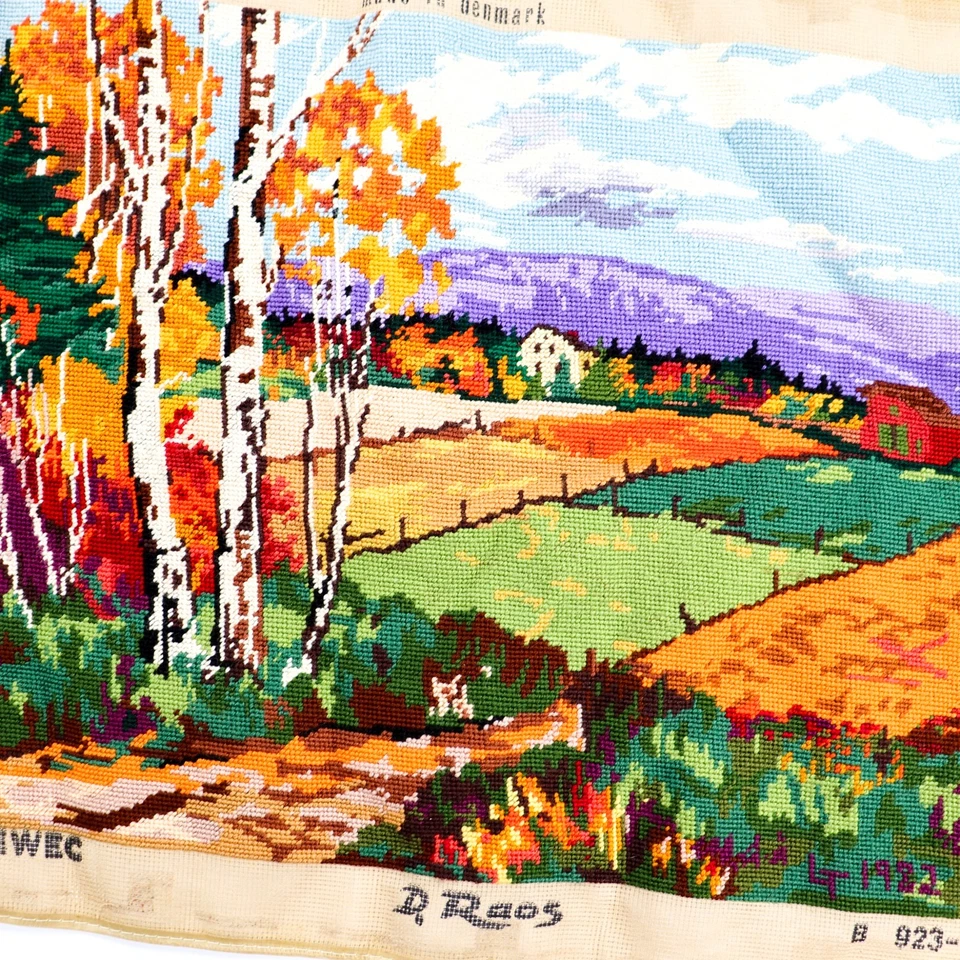 Vtg Finished Cewec Needlepoint Canvas Denmark Fall Leaves Landscape Trees 20x16 - Image 4 of 4