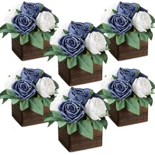 New Dining Table Centerpiece Set of 6 - Pre-Made Aritifial Rose with Wooden Vase