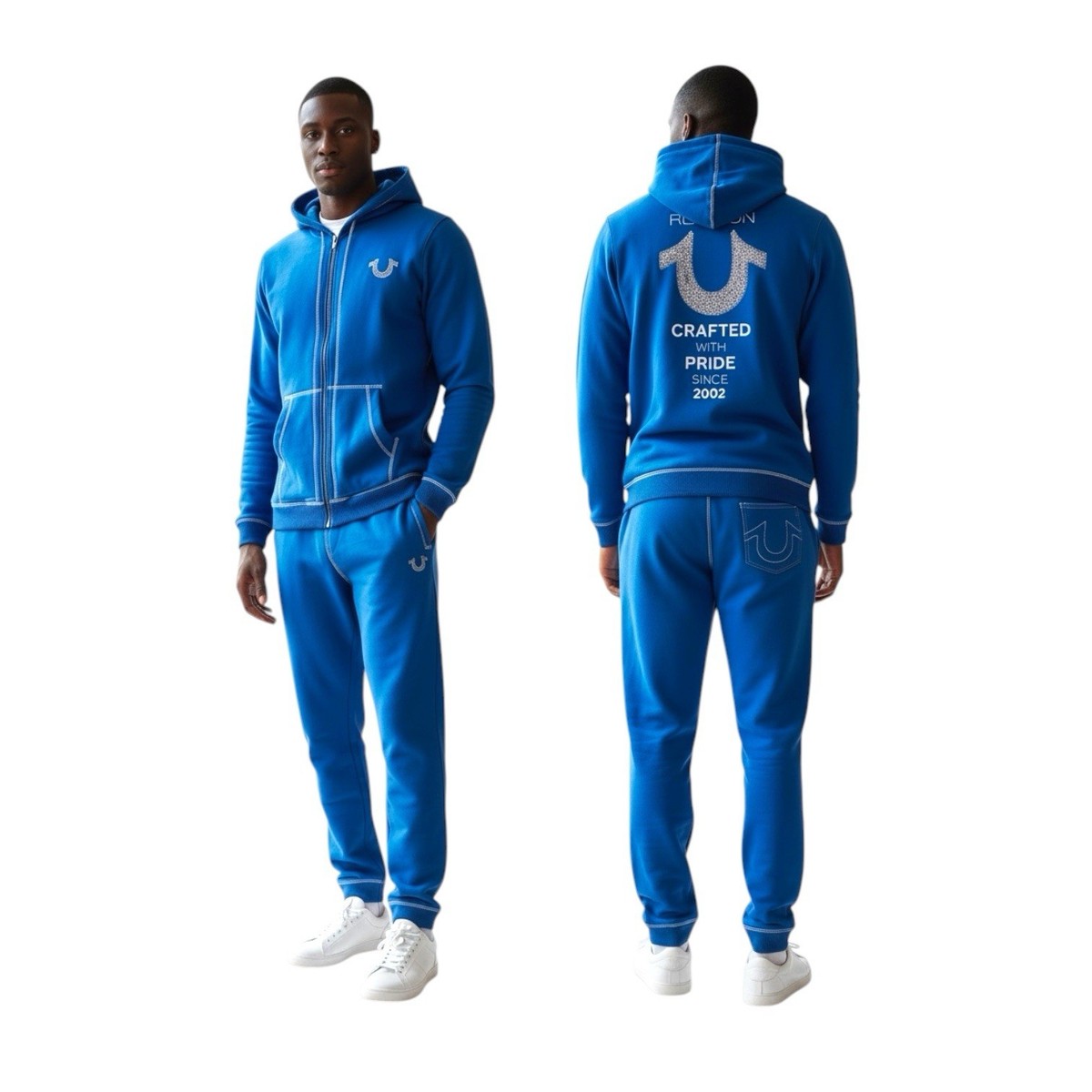 True Religion Mens Size XL Blue Logo Sweatsuit Tracksuit Hoodie