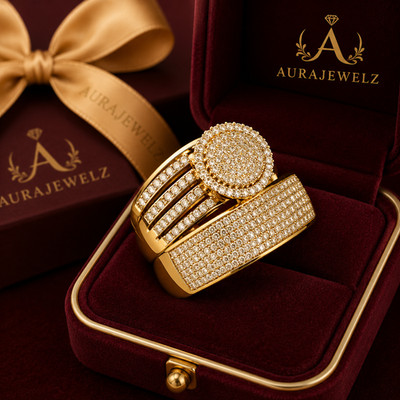 14K Yellow Gold Plated Attractive Moissanite Round Cut His & Her Trio Ring Set