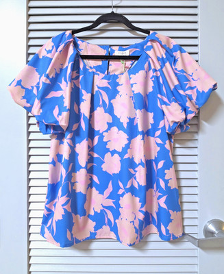 blue pink floral print bubble slev top L