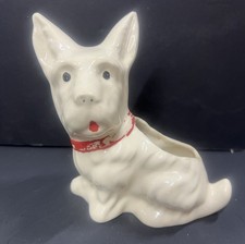 Vintage MCM Small Ivory Ceramic Scottie Dog Terrier Planter Vase with Red Bow