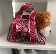 Soft Dog Stuffed Animal w/ Pink  Silver Sequin Handbag Carry Case Bow