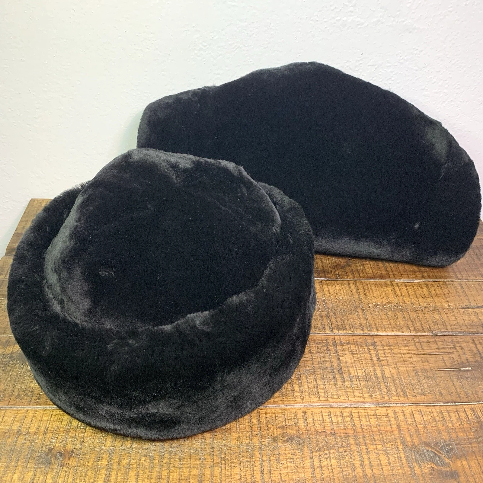 Sheepskin Fur Pillbox Hat & handwarmer muff Winter Black Luxury Formal Elegant