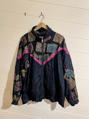 Vintage 1980s Basic Editions Unisex Black And Gold Abstract Pattern Windbreaker 