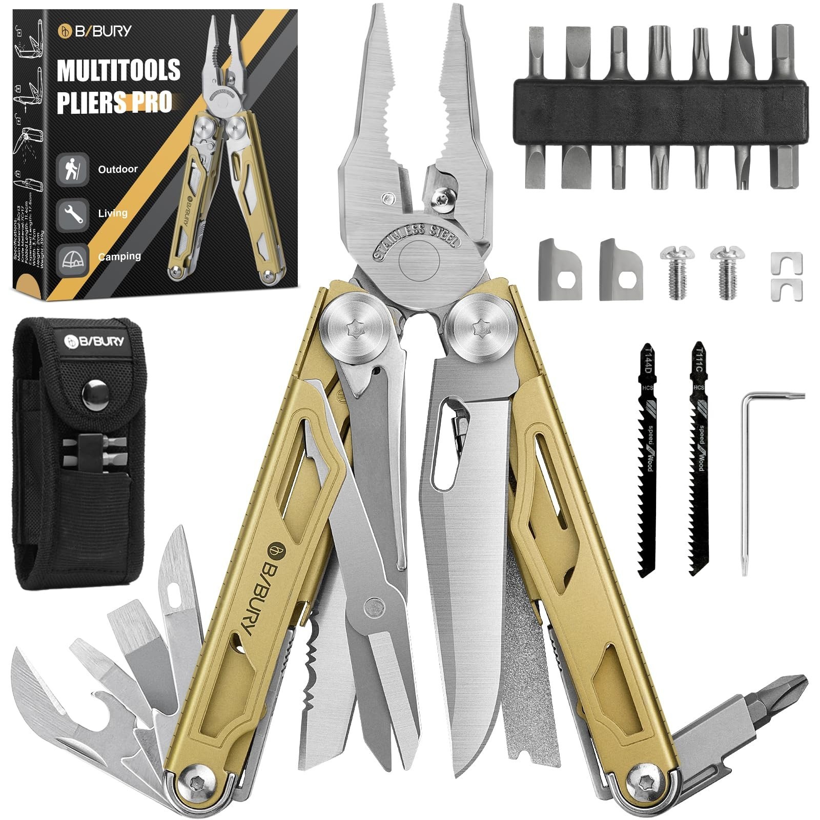 BIBURY Multitool Pliers Pro BI2045, 31-in-1 Stainless Steel Multi Tool with R...