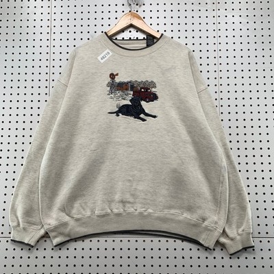 Vintage Black Labrador Retriever Sweatshirt Mens XL Beige Farm Embroidered