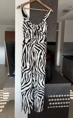 Amisu Damen Overall 38 Zebra-Print Schwarz/Weiß ärmellos V-Ausschnitt weit - Bild 1 von 4