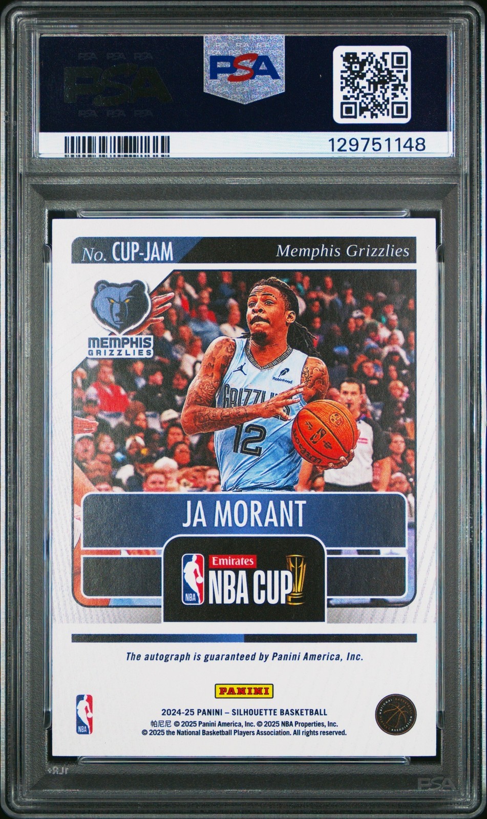 2024-25 Panini Silhouette Basketball Ja Morant #CUP-JAM NBA Cup Auto /10 PSA 7 view 2
