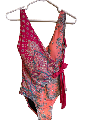 #ad Sundance Swimsuit Size M Pink Coral amp; Blue w Front Cross Panel w Tie amp; Lined $15.00