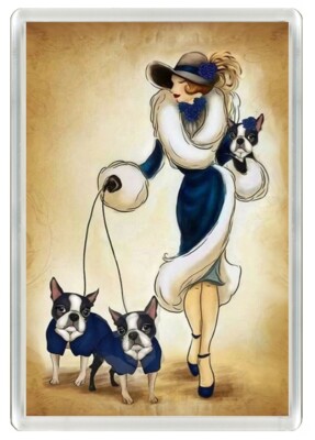 BOSTON TERRIER LADY WANDERHUNDE HUND ACRYL KÜHLSCHRANKMAGNET TOLLES GESCHENK