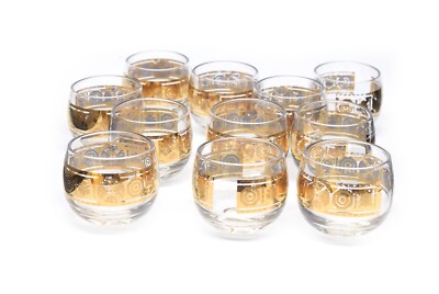 Vtg Culver Coronet Glass Roly Poly Glasses 22k Trim MCM (11 Pieces)
