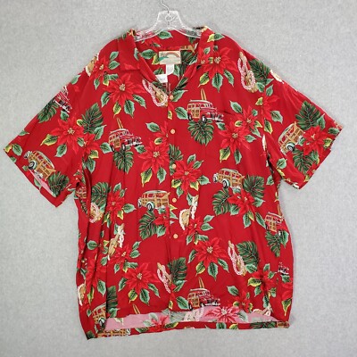 VINTAGE Paradise Found Men Button Up Shirt 3XL Red Floral Hawaiian Ukulele Cars