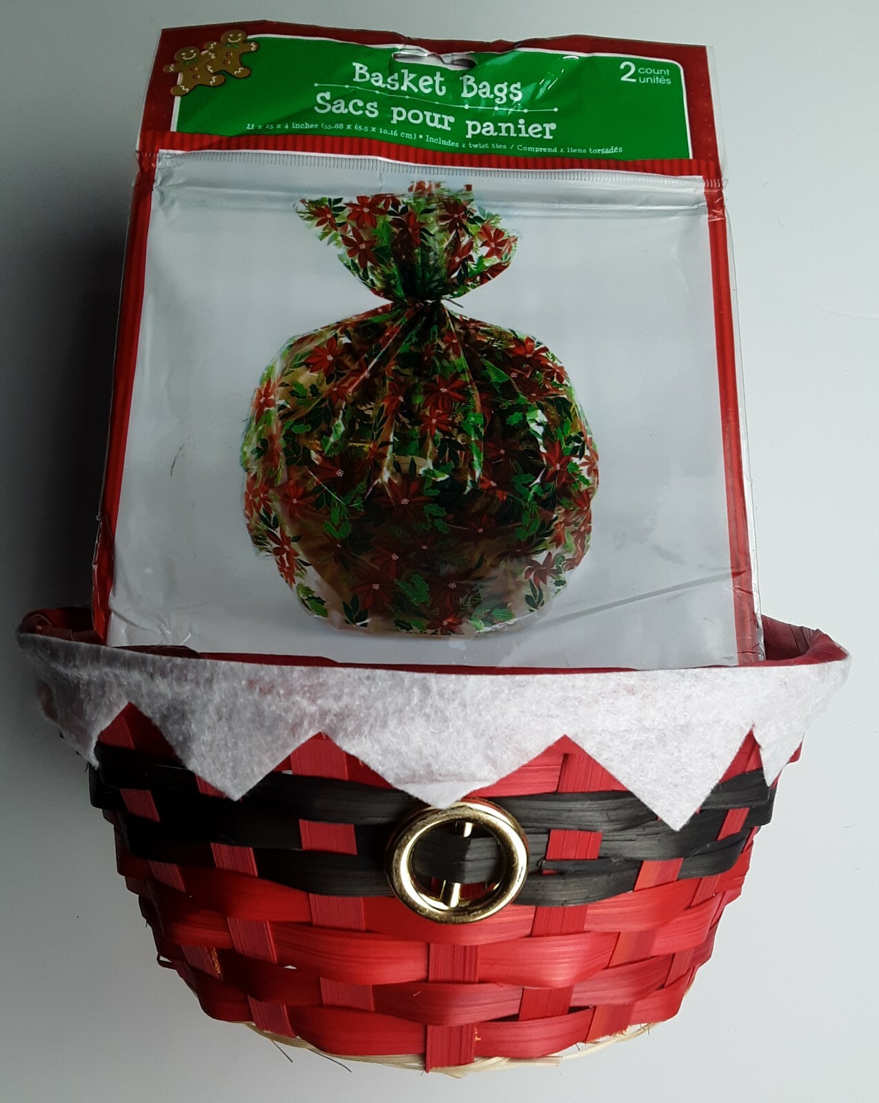 Christmas Basket & Bags Includes 1 Basket w/ 2Bags Santa/Poinsiettia