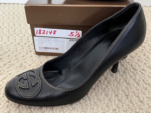 Gucci Interlocking GG Logo Contrast Embroidered Black Leather Classic Pumps 5.5 - Picture 3 of 16