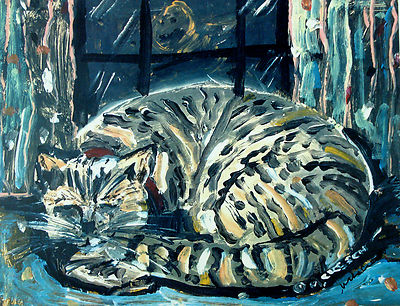 ''HOME IS WHERE THE CAT IS'' Sleeping Tabby Folk Art print by Mike Creech 11x14 