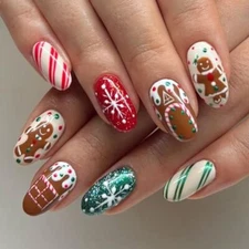 24PCS Christmas Press on Nails Medium Fake Nails with Snowflake and style07