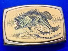 Large Mouth Bass Fish Trout Fishing Scrimshaw Style Drawing 80s Belt Buckle