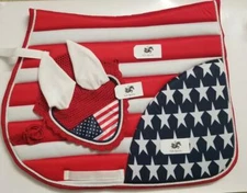 USA American Flag Horse English Saddle Pad Matching Fly Bonnet Ear Net Mask Veil