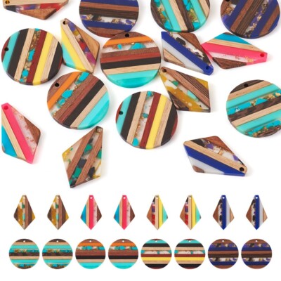 16Pcs Transparent Resin Walnut Wood Pendants Flat Round Charm with Gold Foil