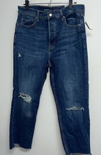 Old Navy Blue Jeans Womens Size 14 Sky Hi Straight Denim Button Fly Distressed