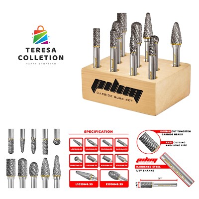 Tungsten Carbide Burr Set 1/4'' Shank 10PC Double Cut Rotary Cutting Burrs Die...