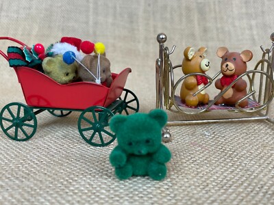 Vintage Lot Christmas Flocked Teddy Bears In Miniatures Ornaments