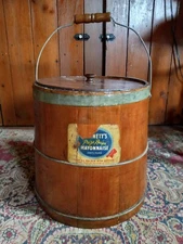 Antique Primitive Country Wood Mayo Advertising Firkin Storage Bucket 12.5" 