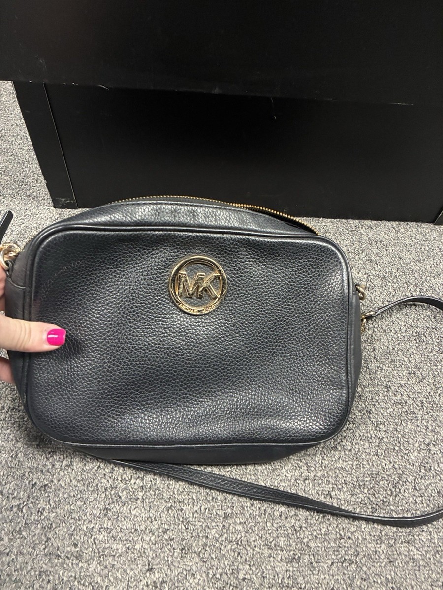 Michael Kors Black Fulton Pebbled Leather Gold Chain Crossbody Bag