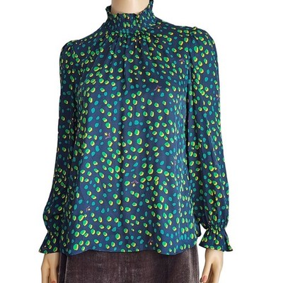 TUCKER NYC High Neck Silk Blouse in Jungle Dot Print W/Fireflies Print XS