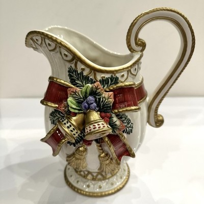 Fitz and Floyd Christmas Deer Pitcher Bow Holly Bells Tassels Holiday Vtg READ