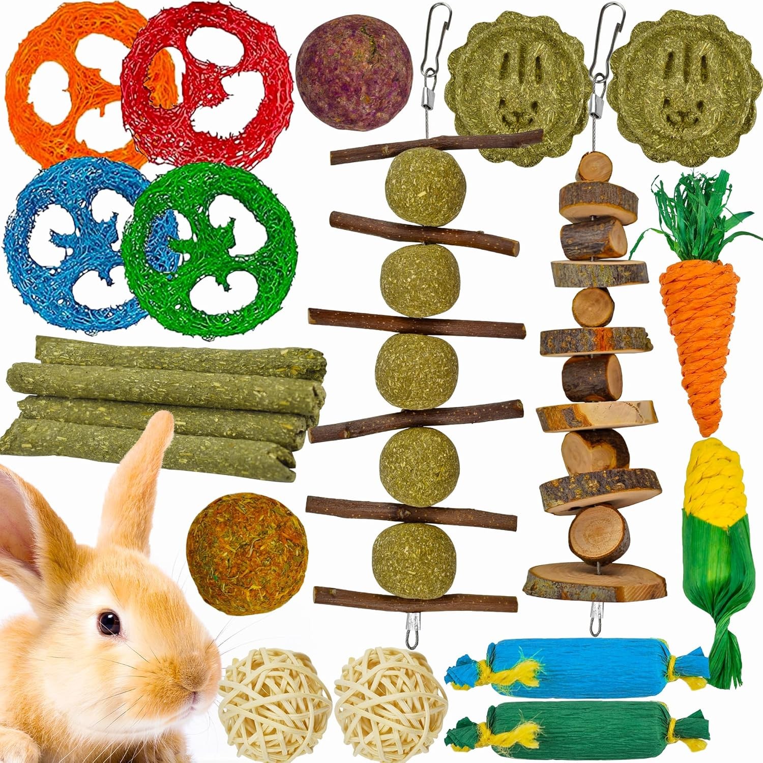 21-Pack Rabbit Toys Set, Natural Rabbit Chew Toys Boredom Breakers for Bunny, H