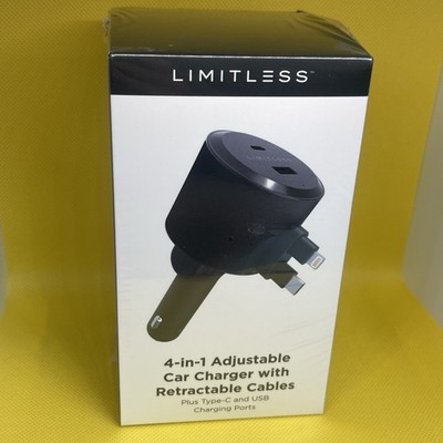Limitless Innovations 4-in-1 Adjustable Car Charger w Retractable Cables BLACK