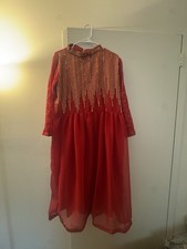 Embroidered Anarkali Salwar Kameez Set Red Brown Gold Black Net Lace Dupatta
