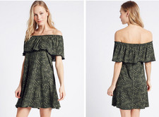 Marks and Spencer Bardot frill detail beach dress green leafy pattern UK16 L3352