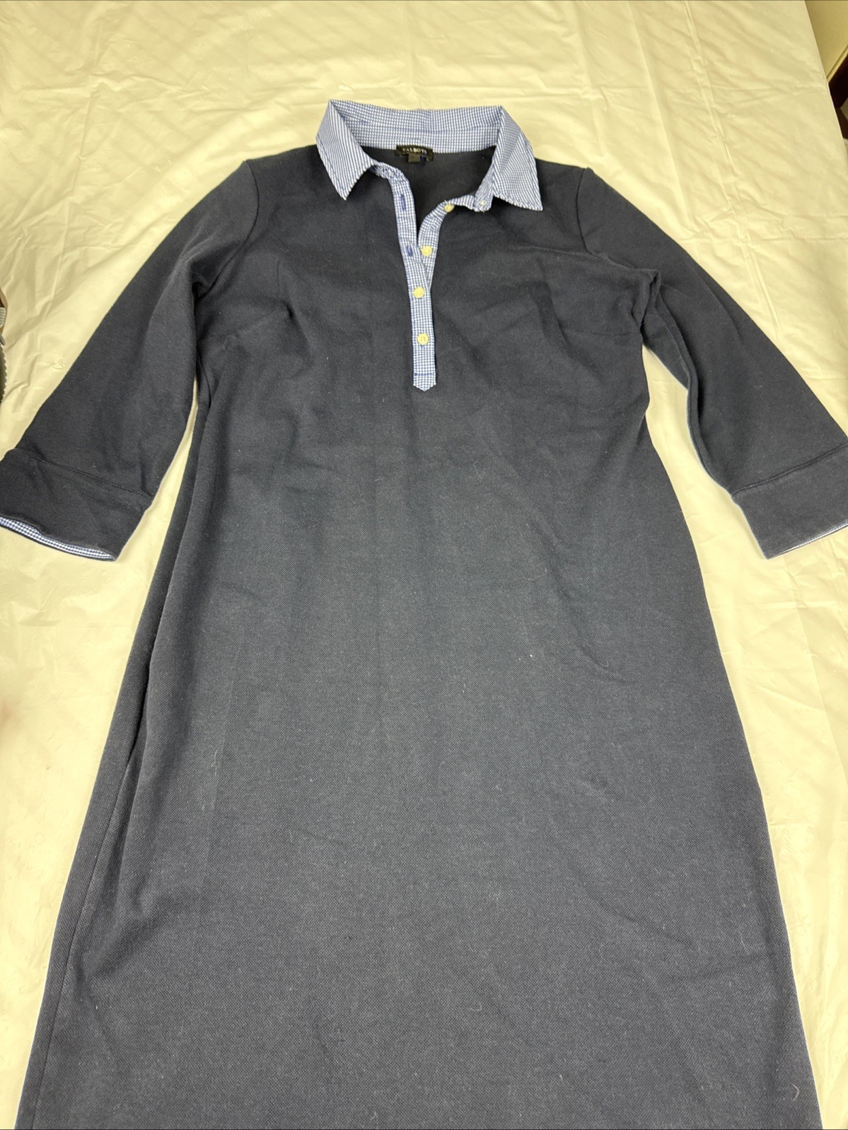 TALBOTS Women’s Navy Gingham Collar Pique Polo Shirt Dress Sz Small