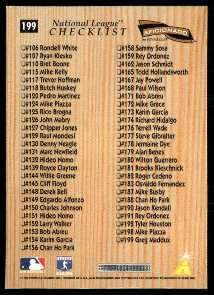 1996 Pinnacle Aficionado Greg Maddux #199 - Image 2 of 2