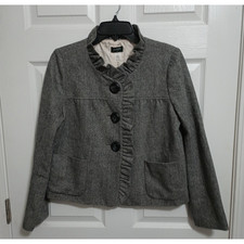 J. Crew Wool Charcoal Herringbone Ruffle Jacket Women Size 8 Preppy Business