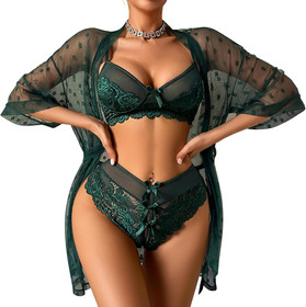 Women Sexy Lingerie Set 3 Piece Lace Kimono Robe with Bra and Panty Nightgown Sl