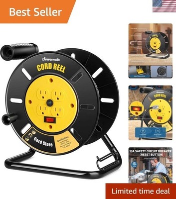 Durable Metal Extension Cord Reel - 4 Grounded Outlets, Portable Design, 100 ft