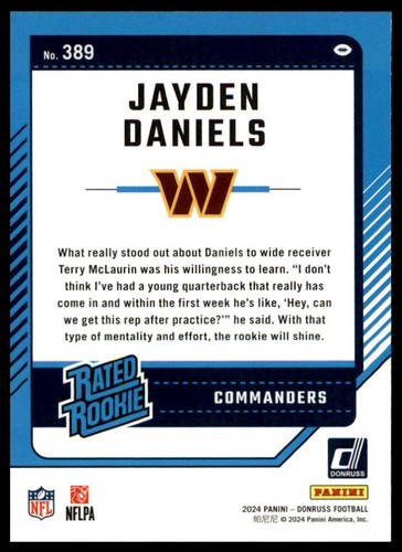 Jayden Daniels 2024 Donruss Washington Commanders #389 Rated Rookie - Picture 2 of 2
