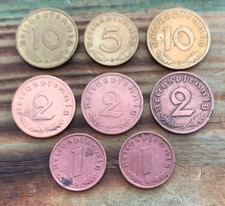 8x German 10 5 2 & 1 Reichspfennig Brass & Copper Coins 1937 1938 1939 A D F G