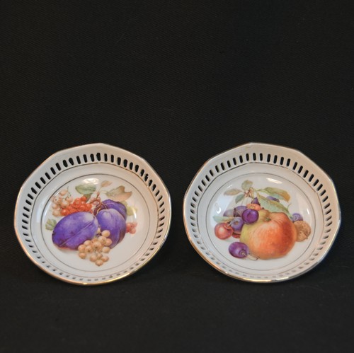 Schumann Bavaria 2 Nut Bowls Reticulated 10 Sided 4" Fruit & Nuts 2 Designs 1945