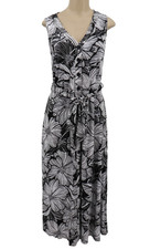 Talbots Button Front Maxi Dress Size Medium Black White Floral Belted Jersey New