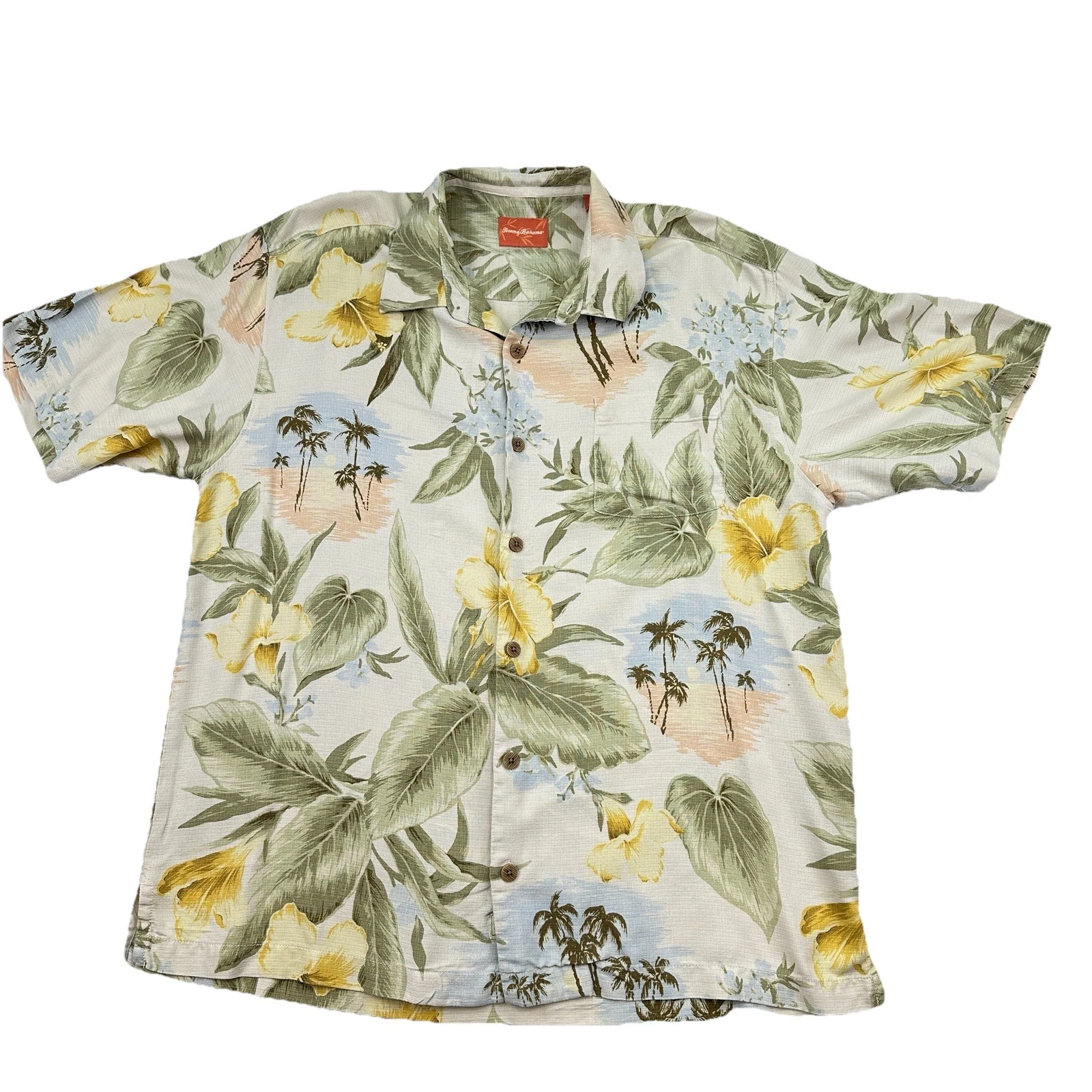 Tommy Bahama Hawaiian Shrit Mens L 100% Silk Short Sleeve Button Up Floral Tan