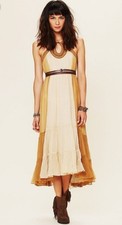 Free People True Romance Dress Grecian Gold Tan Beaded Yoke 12 Midi Long