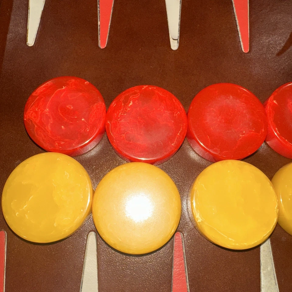 VTG 1.5” Leather Backgammon Red & Yellow - Bakelite Checkers Large Case - Image 2 of 4